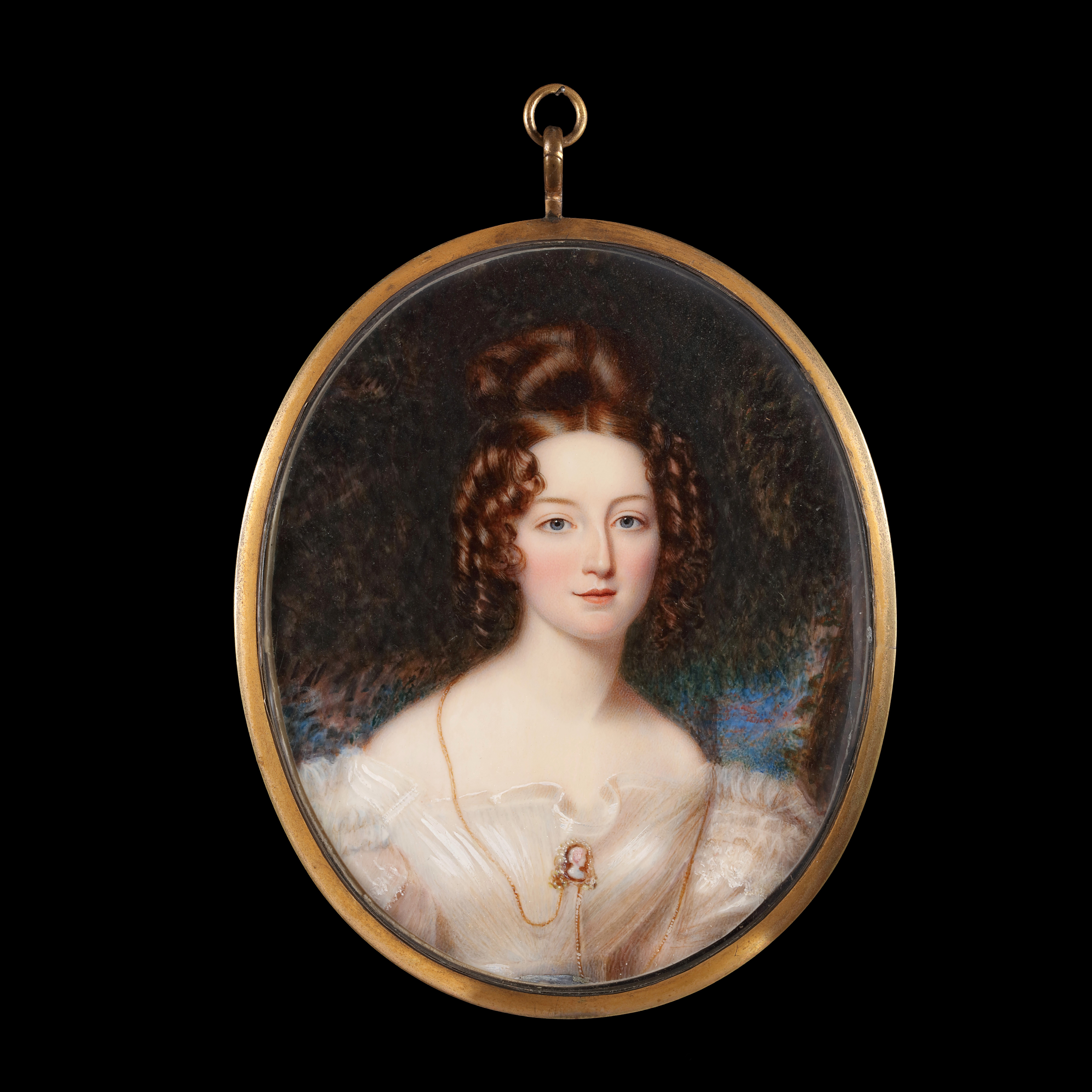 Portrait miniature of a Lady, wearing white dress, cameo on gold chain, her hair worn up and curled